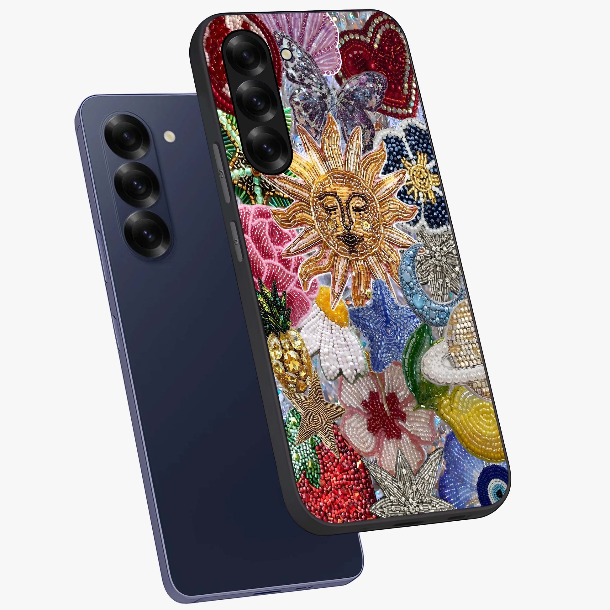 Celestial Floral and Playful Glass Case displayed in angled mockup highlighting playful floral design with dreamy celestial elements.