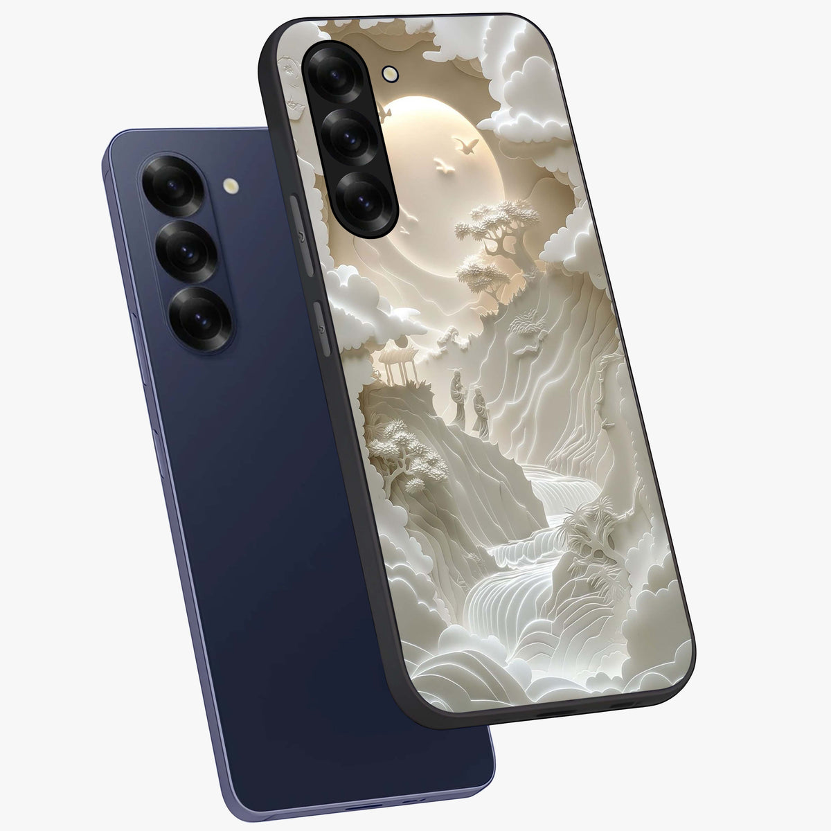 Celestial Origami Glass Case displayed in angled mockup highlighting geometric origami design with cosmic aesthetic theme.