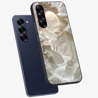 Celestial Origami Glass Case displayed in angled mockup highlighting geometric origami design with cosmic aesthetic theme.