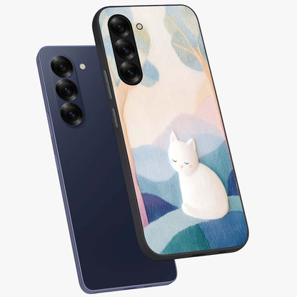 Cotton Dream Cat Glass Case displayed in angled mockup highlighting cute feline illustration with pastel aesthetic style.