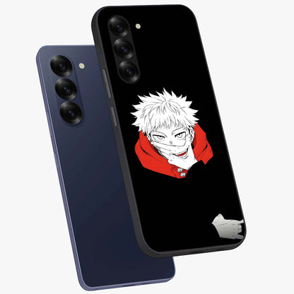 Crimson Chaos Smile Glass Case displayed in angled mockup highlighting edgy crimson smile design with graphic aesthetic.