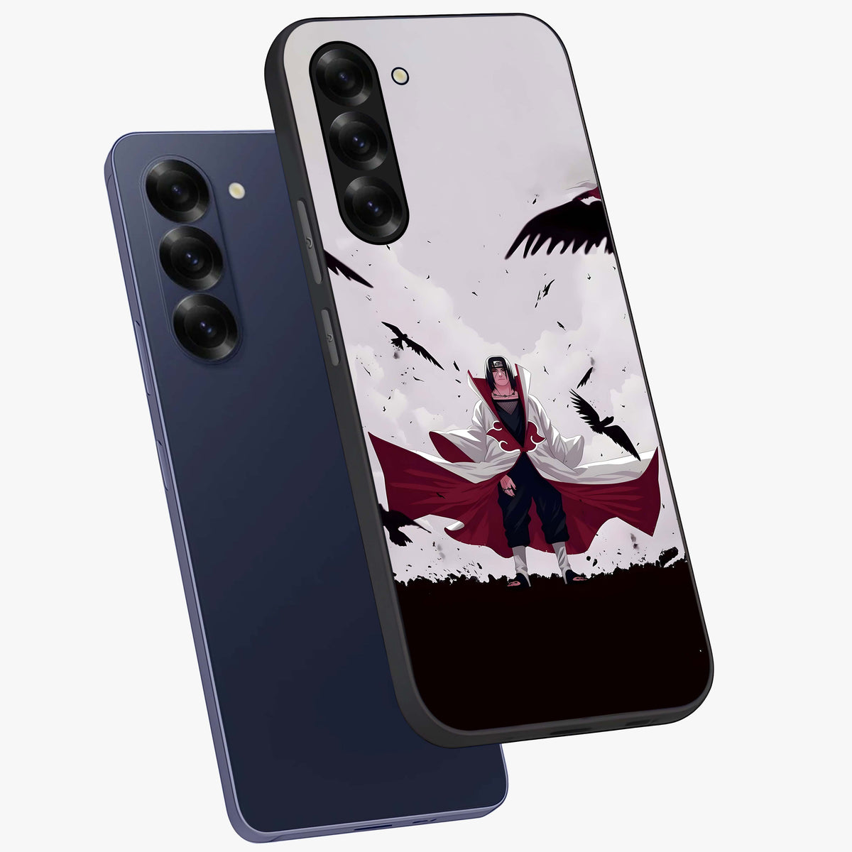 Crimson Crow Ascension Glass Case displayed in angled mockup highlighting powerful crow illustration with dark crimson aesthetic.