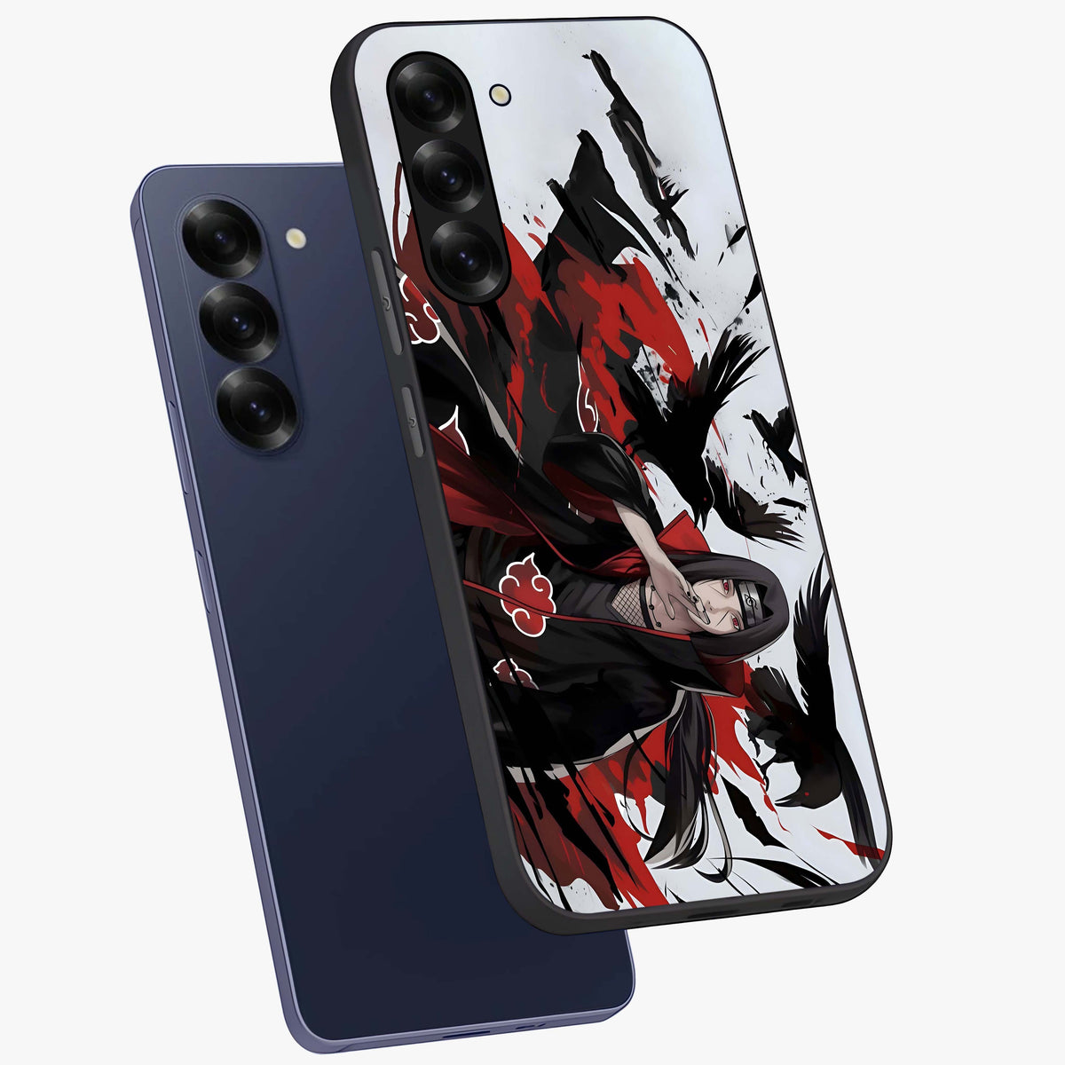 Crimson Crow Illusion Glass Case displayed in angled mockup highlighting mysterious crow graphic with dark aesthetic style.
