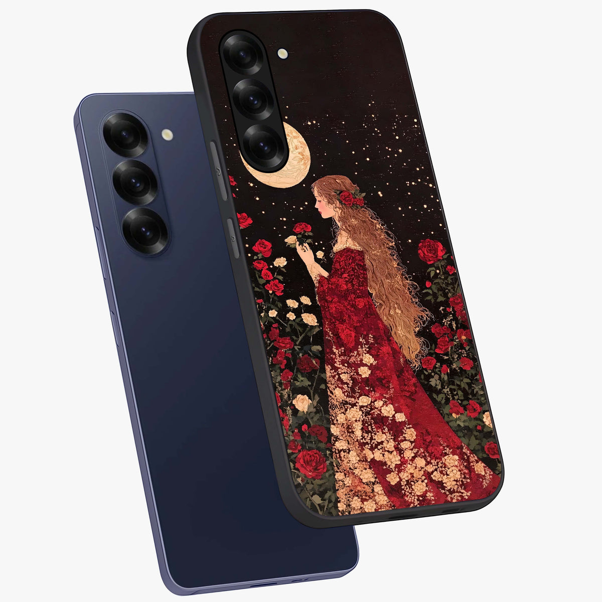Crimson Dreams Glass Case displayed in angled mockup highlighting soft crimson aesthetic design with artistic theme.