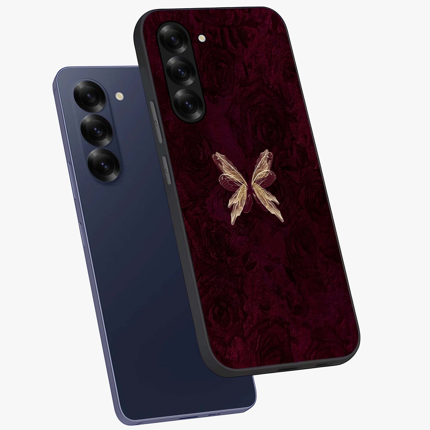 Crimson Fade Butterfly Glass Case displayed in angled mockup highlighting elegant butterfly design with crimson gradient aesthetic.