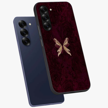 Crimson Fade Butterfly Glass Case displayed in angled mockup highlighting elegant butterfly design with crimson gradient aesthetic.