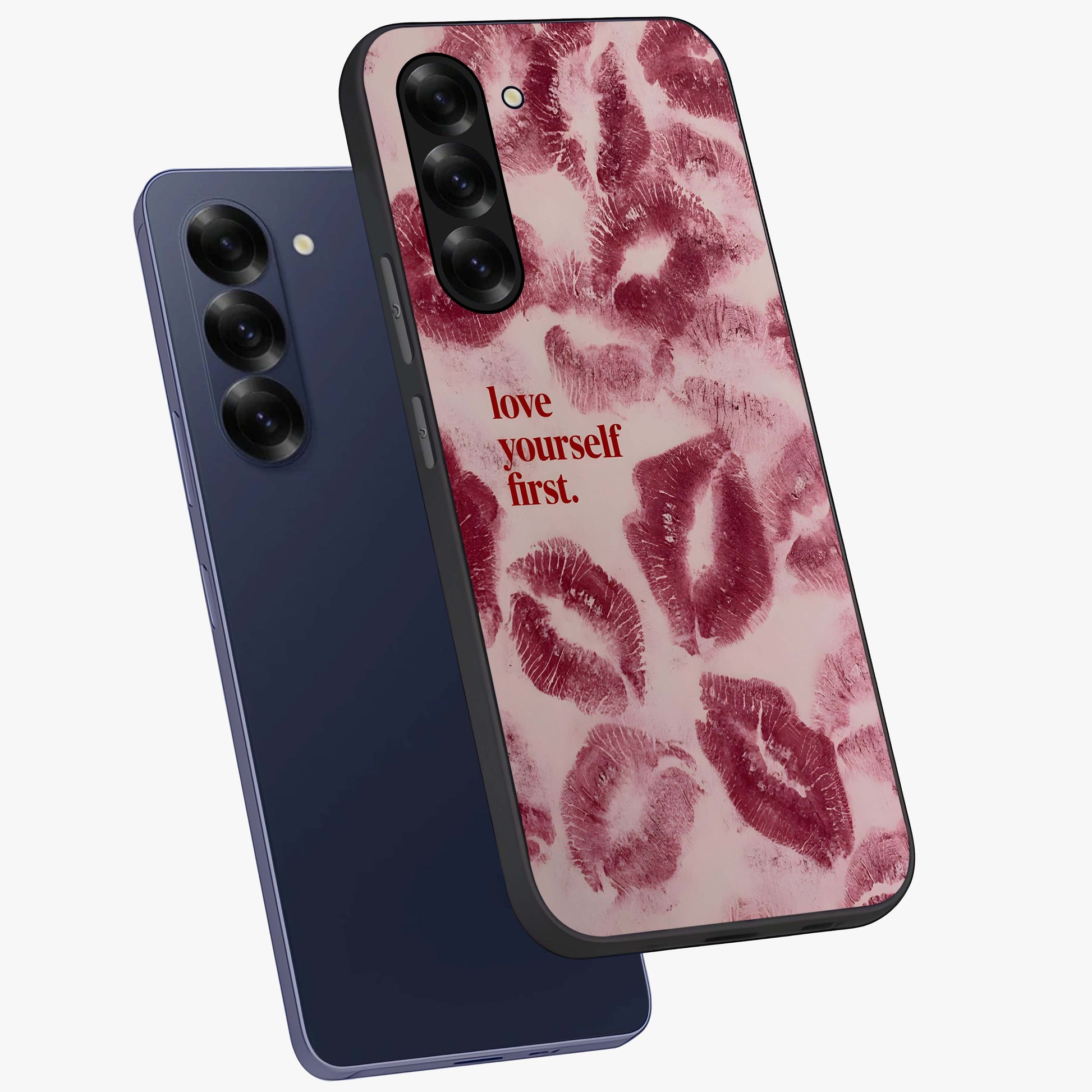 Crimson Kiss Love Glass Case displayed in angled mockup highlighting bold love inspired design with modern aesthetic style.