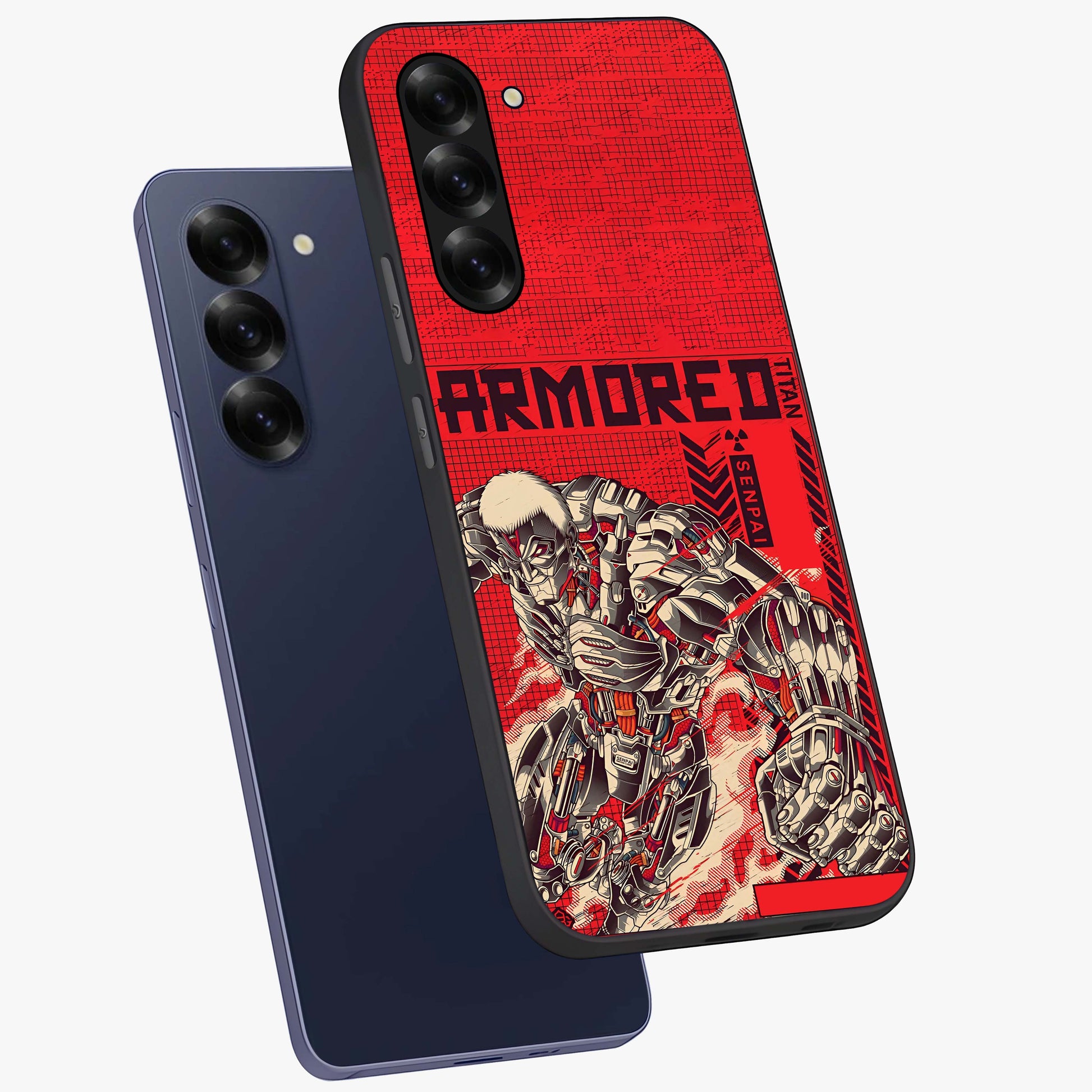 Crimson Mecha Titan Glass Case displayed in angled mockup highlighting futuristic mech illustration with bold crimson aesthetic.