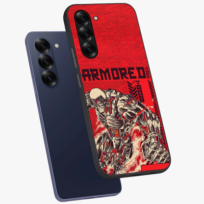 Crimson Mecha Titan Glass Case displayed in angled mockup highlighting futuristic mech illustration with bold crimson aesthetic.