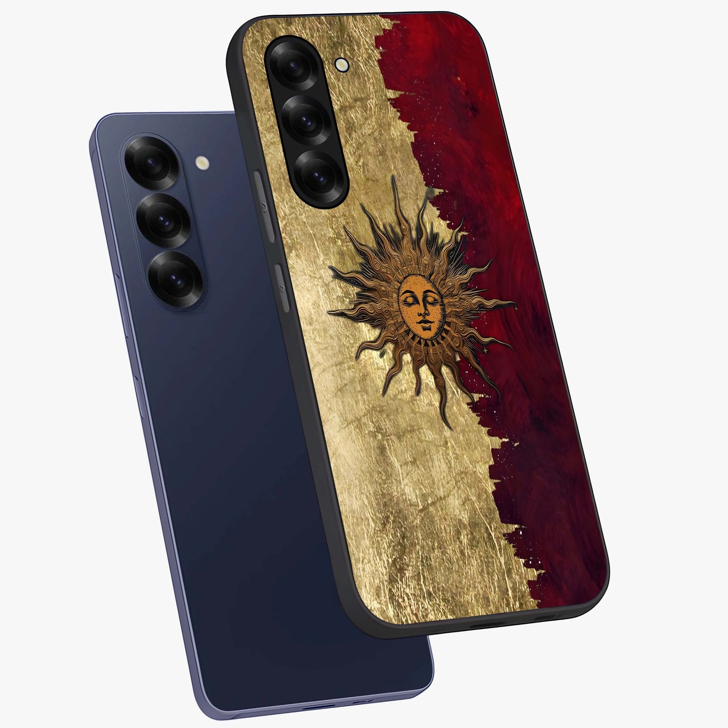 Crimson Sun Majesty Glass Case displayed in angled mockup highlighting majestic crimson sun design with bold aesthetic style.