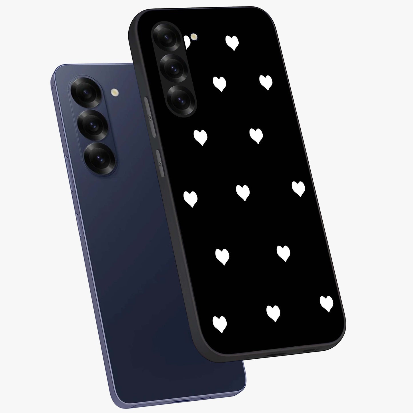 Cute And Simple White Hearts Glass Case displayed in angled mockup highlighting cute heart design with clean aesthetic style.