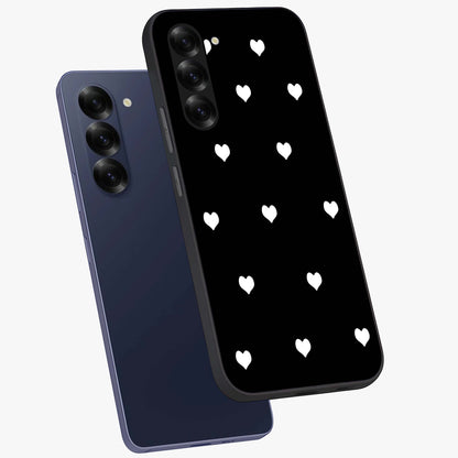 Cute And Simple White Hearts Glass Case displayed in angled mockup highlighting cute heart design with clean aesthetic style.