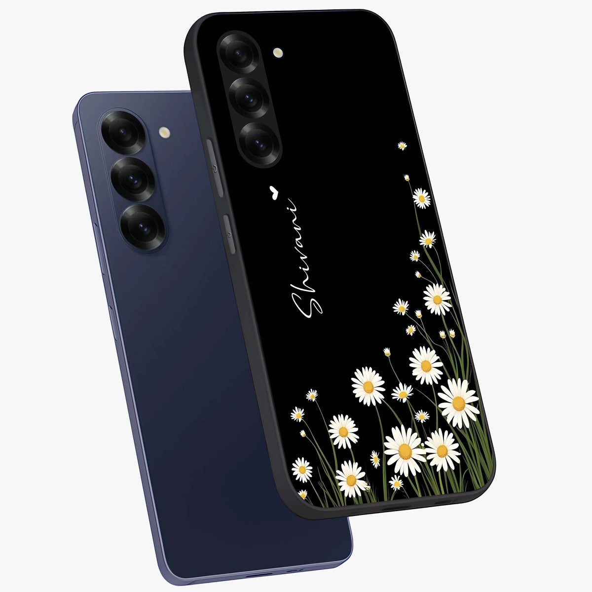 Daisy Cascade Custom Name Glass Case displayed in angled mockup highlighting delicate daisy artwork with custom name feature.