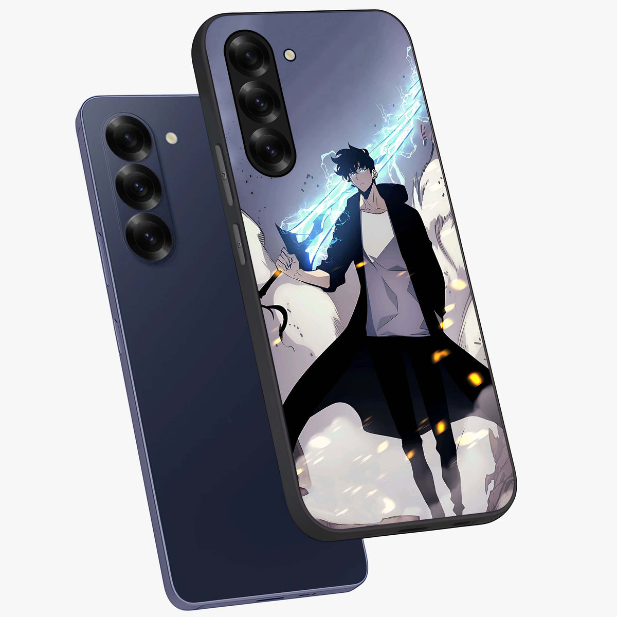 Dark Lightning Anime Warrior Glass Case displayed in angled mockup highlighting powerful lightning themed anime illustration.