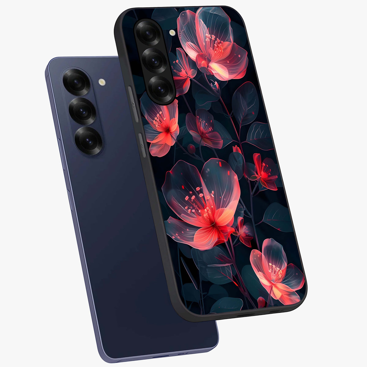 Dark Shade of Flower Glass Case displayed in angled mockup highlighting moody floral illustration with aesthetic dark tones.