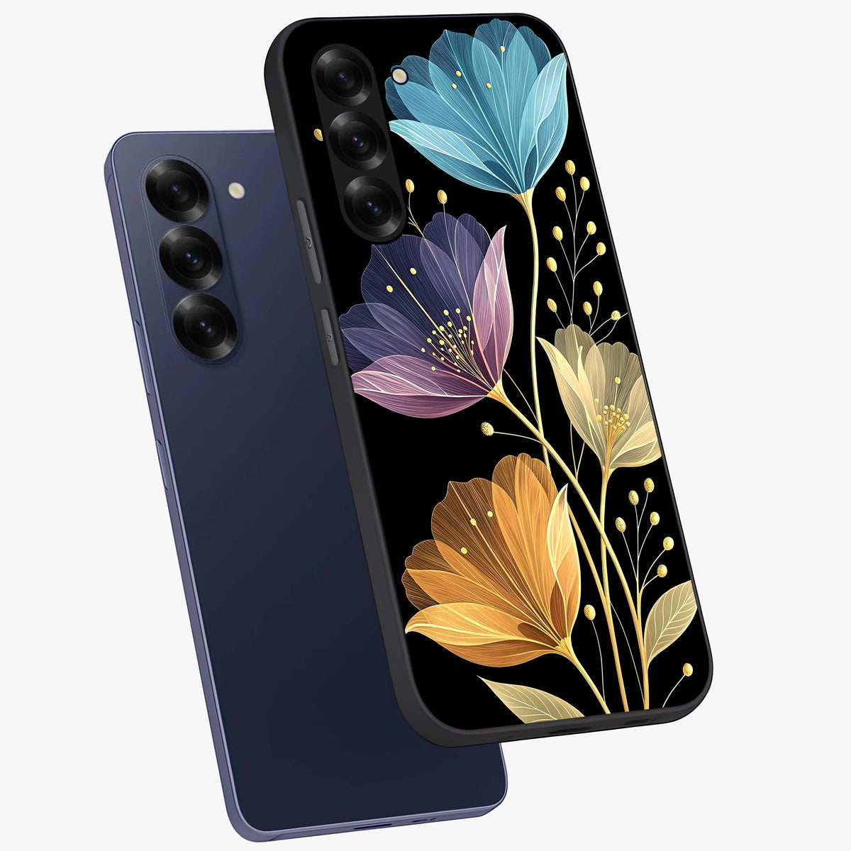 Delicate Multicolor Flowers Glass Case displayed in angled mockup highlighting colorful flower pattern with soft aesthetic style.