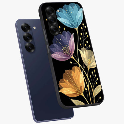 Delicate Multicolor Flowers Glass Case displayed in angled mockup highlighting colorful flower pattern with soft aesthetic style.