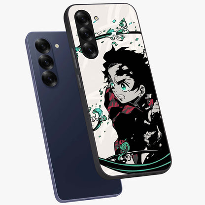 Demon Slayer Glass Case displayed in angled mockup highlighting dramatic anime character design with action aesthetic.