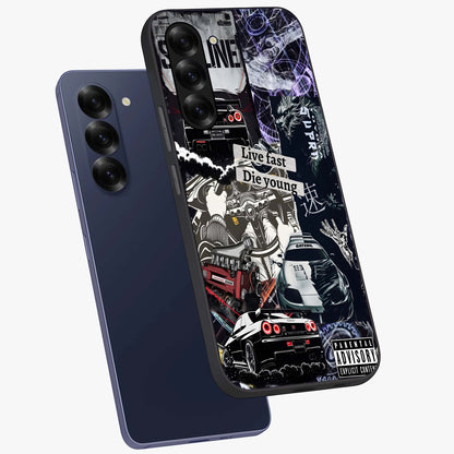 Die Young Glass Case displayed in angled mockup highlighting expressive graphic artwork with edgy aesthetic style.