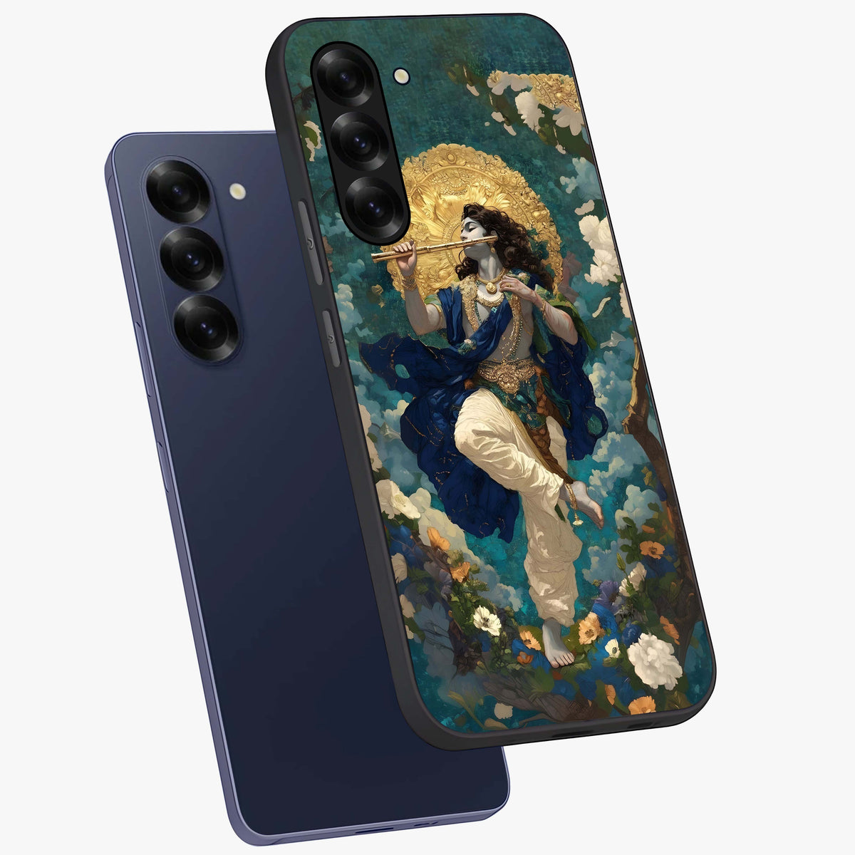 Divine Krishna Art Glass Case displayed in angled mockup highlighting spiritual Krishna illustration with devotional aesthetic.