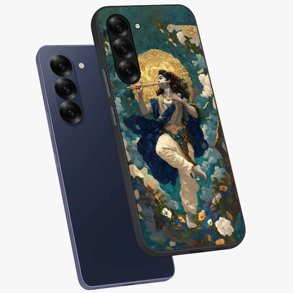 Divine Krishna Art Glass Case displayed in angled mockup highlighting spiritual Krishna illustration with devotional aesthetic.
