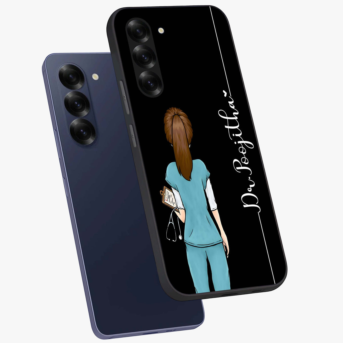 Doctor Pattern Custom Name Glass Case displayed in angled mockup highlighting doctor inspired artwork with custom name feature.