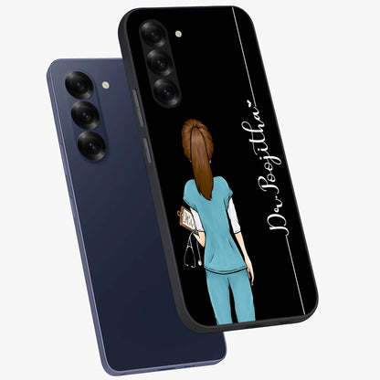 Doctor Pattern Custom Name Glass Case displayed in angled mockup highlighting doctor inspired artwork with custom name feature.