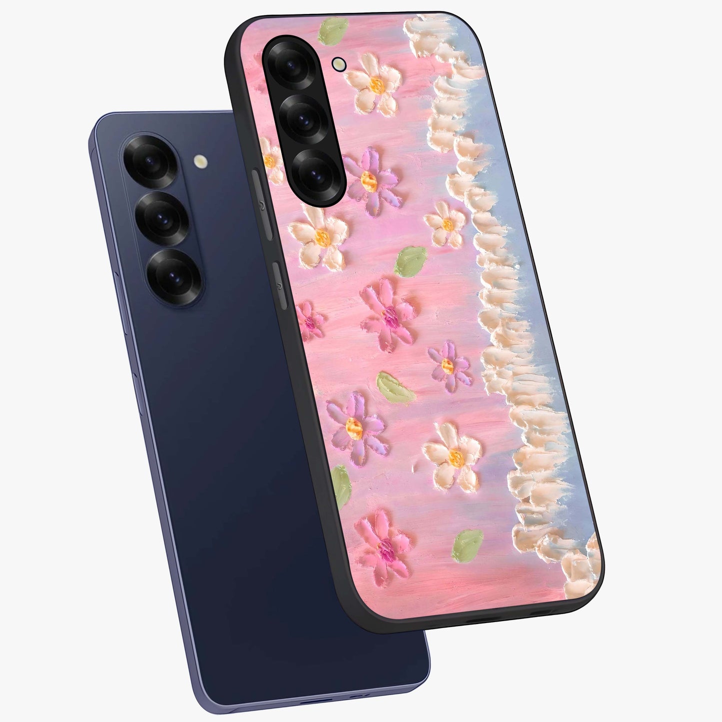 Dreamy Painted Garden Glass Case displayed in angled mockup highlighting colorful garden illustration with dreamy aesthetic style.