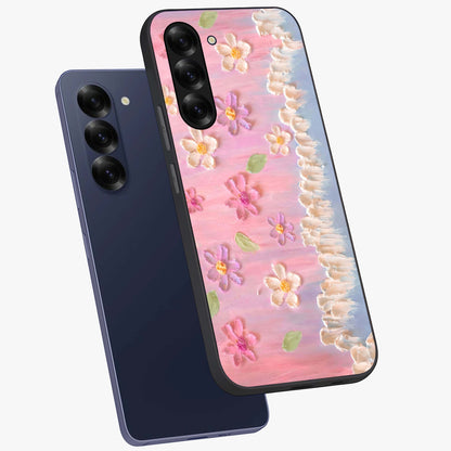 Dreamy Painted Garden Glass Case displayed in angled mockup highlighting colorful garden illustration with dreamy aesthetic style.