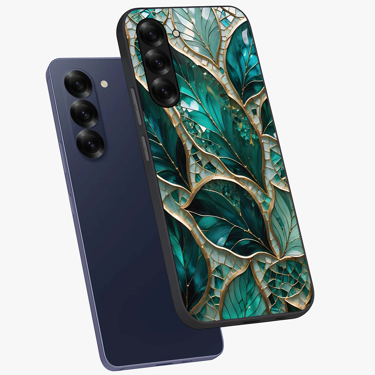 Emerald Leaf Glass Glass Case displayed in angled mockup highlighting botanical leaf illustration with elegant natural aesthetic.