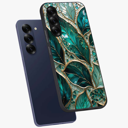 Emerald Leaf Glass Glass Case displayed in angled mockup highlighting botanical leaf illustration with elegant natural aesthetic.