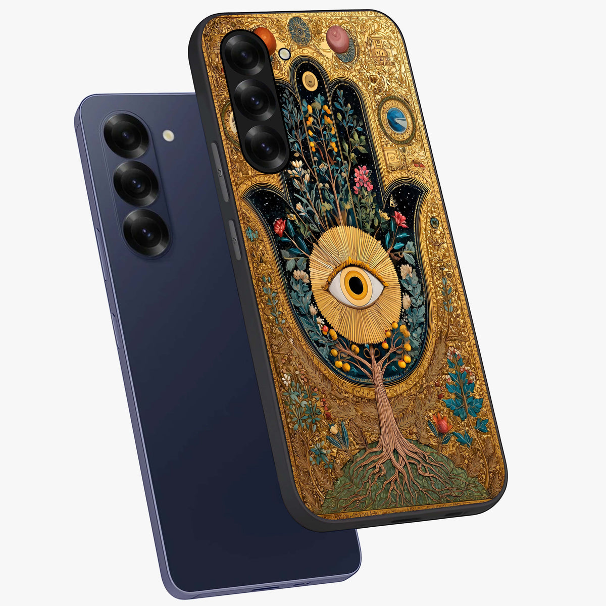 Ethereal Evil Eye Glass Case displayed in angled mockup highlighting protective evil eye symbol with spiritual aesthetic design.
