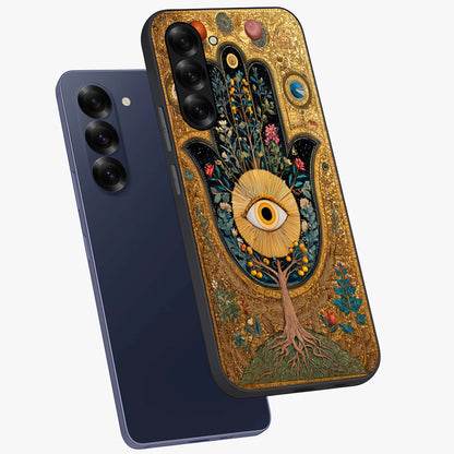 Ethereal Evil Eye Glass Case displayed in angled mockup highlighting protective evil eye symbol with spiritual aesthetic design.