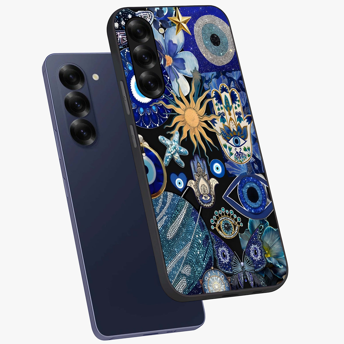 Evil Eye Charm Mix Glass Case displayed in angled mockup highlighting protective evil eye symbols with spiritual aesthetic design.