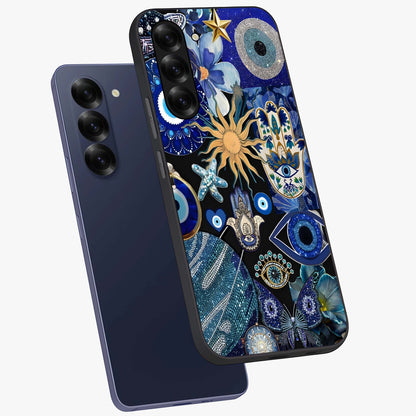 Evil Eye Charm Mix Glass Case displayed in angled mockup highlighting protective evil eye symbols with spiritual aesthetic design.