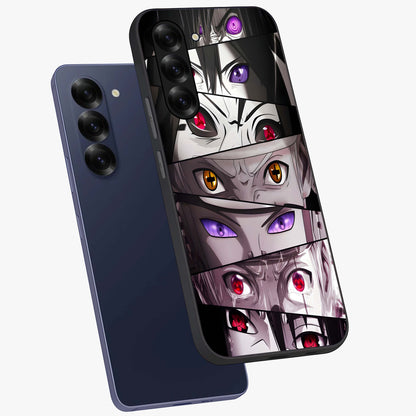 Eyes of Destiny Glass Case displayed in angled mockup highlighting bold eye illustration with mystical aesthetic style.