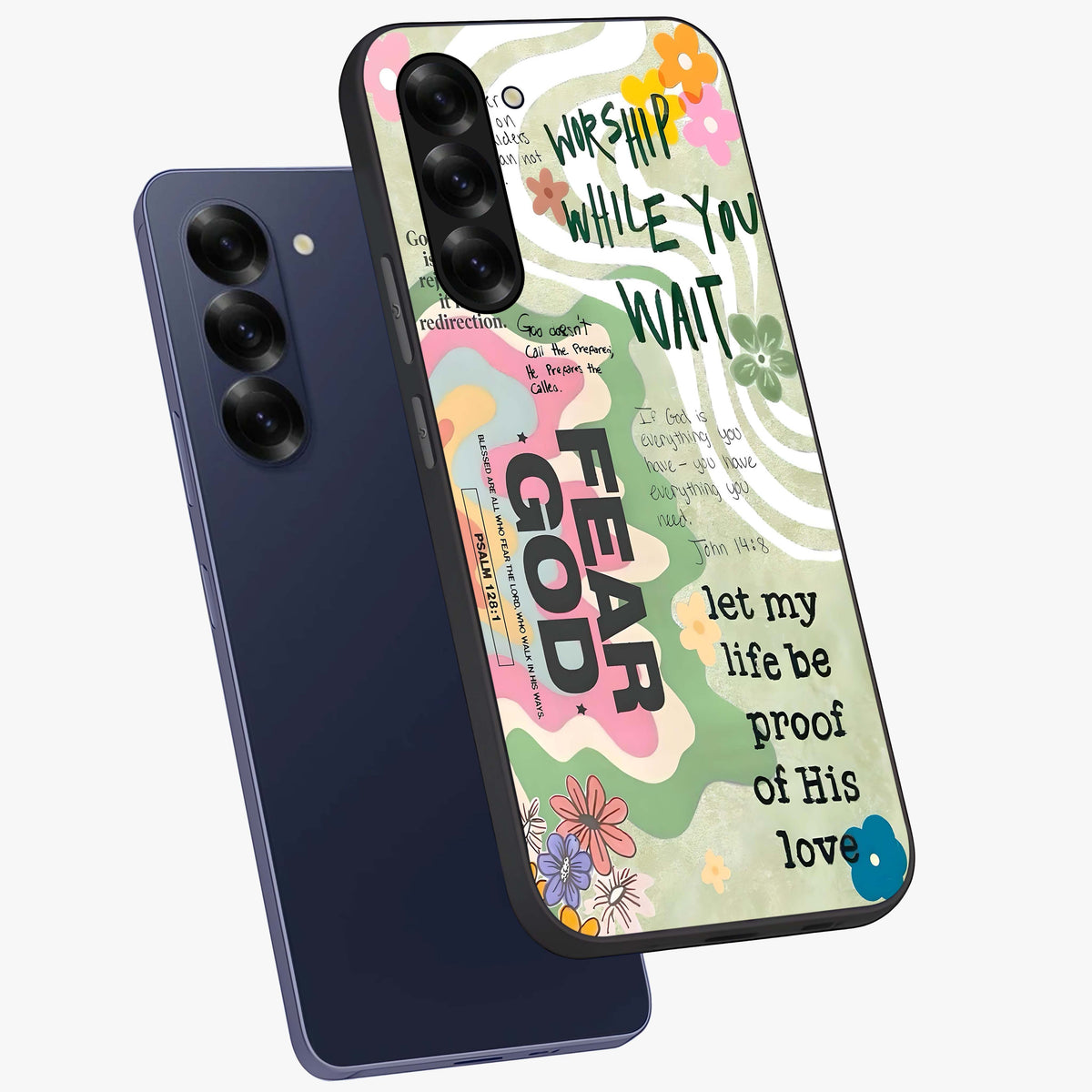 Faith Over Fear Glass Case displayed in angled mockup highlighting inspirational message design with modern aesthetic style.
