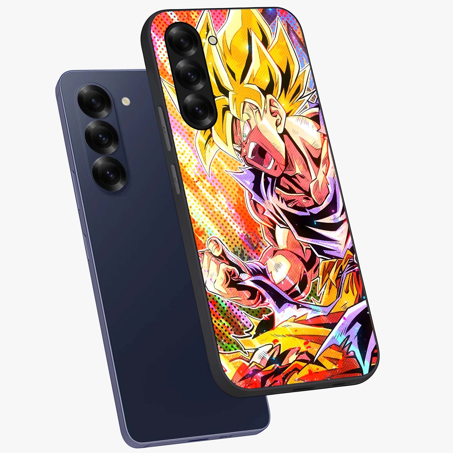 Firing Goku Glass Case displayed in angled mockup highlighting dynamic anime character design with action aesthetic.
