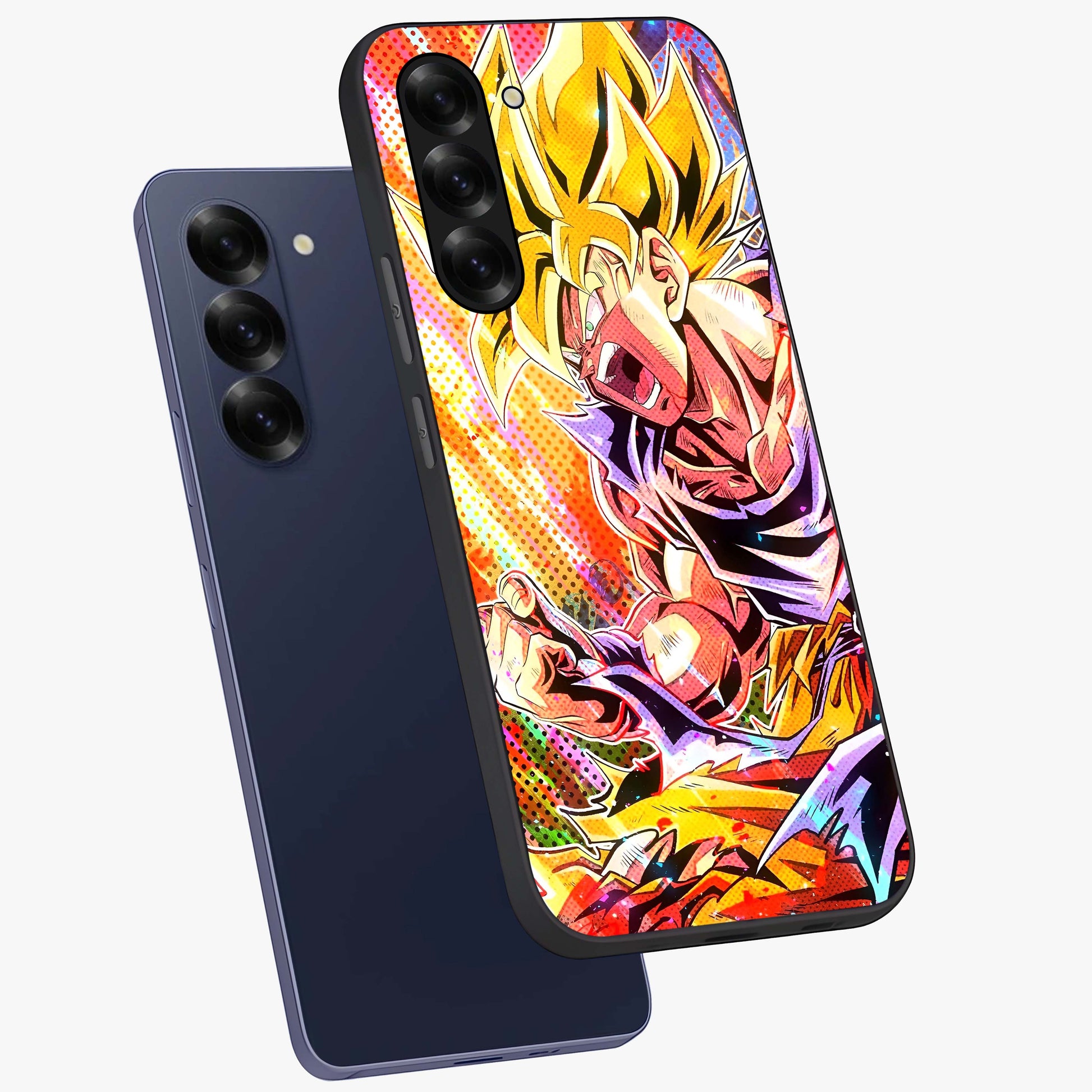 Firing Goku Glass Case displayed in angled mockup highlighting dynamic anime character design with action aesthetic.