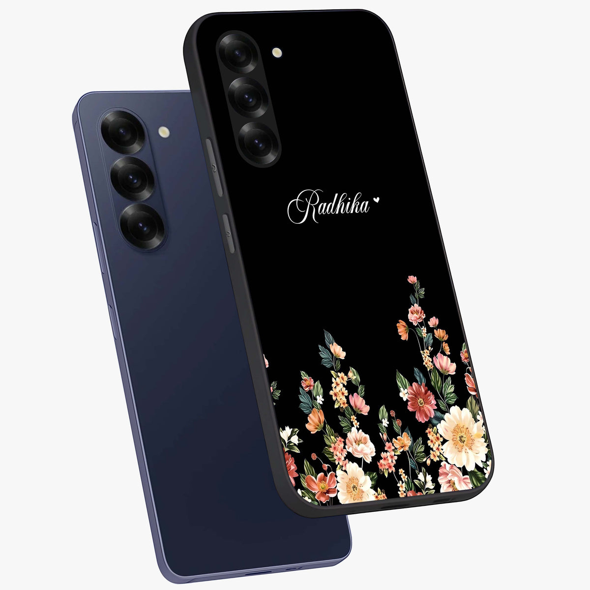 Floral Design With a Custom Personalized Name Glass Case displayed in angled mockup highlighting elegant floral pattern with custom name feature.