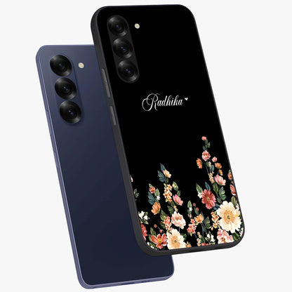 Floral Design With a Custom Personalized Name Glass Case displayed in angled mockup highlighting elegant floral pattern with custom name feature.