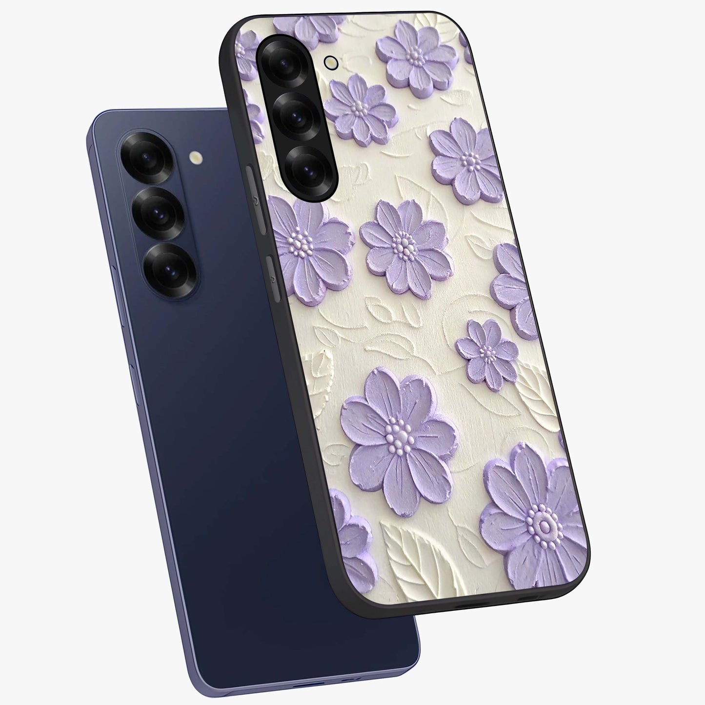 Floral Wall Art With Purple Flowers Glass Case displayed in angled mockup highlighting vibrant purple floral illustration with artistic aesthetic.