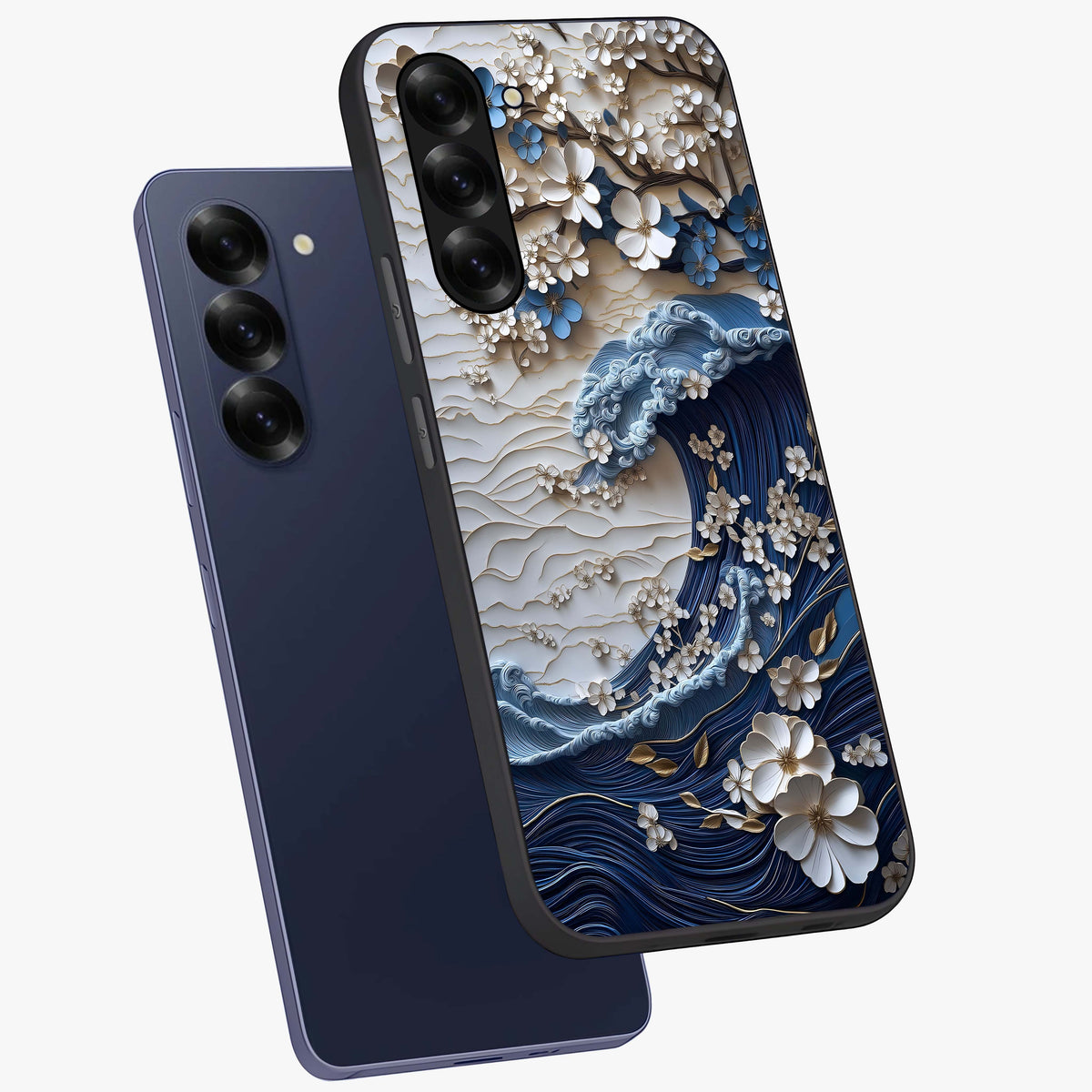 Floral Wave Origami Glass Case displayed in angled mockup highlighting geometric origami flower design with modern aesthetic style.
