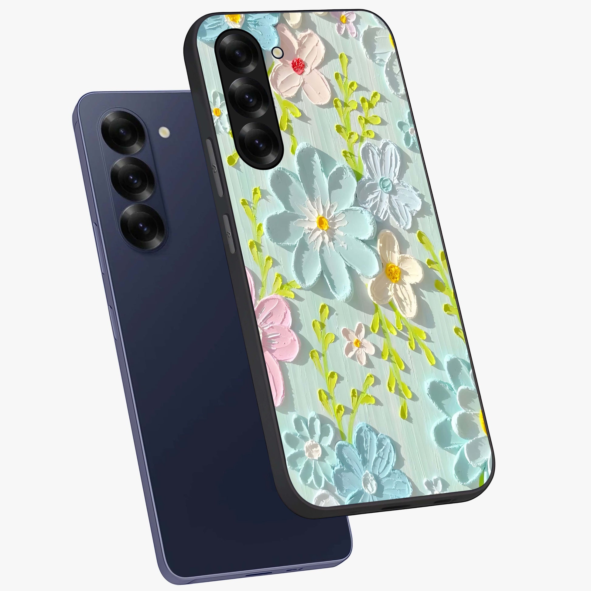 Frosted Petal Garden Glass Case displayed in angled mockup highlighting delicate flower petal design with calm garden aesthetic.