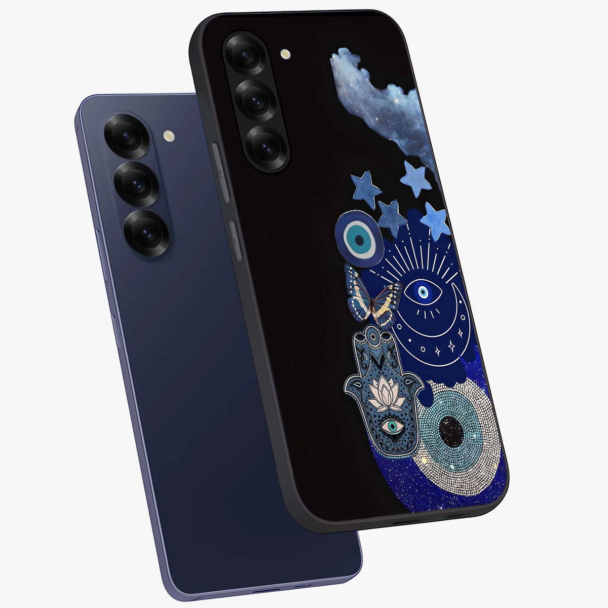 Galactic Charm Cluster Glass Case displayed in angled mockup highlighting luminous galaxy inspired design with dreamy aesthetic.