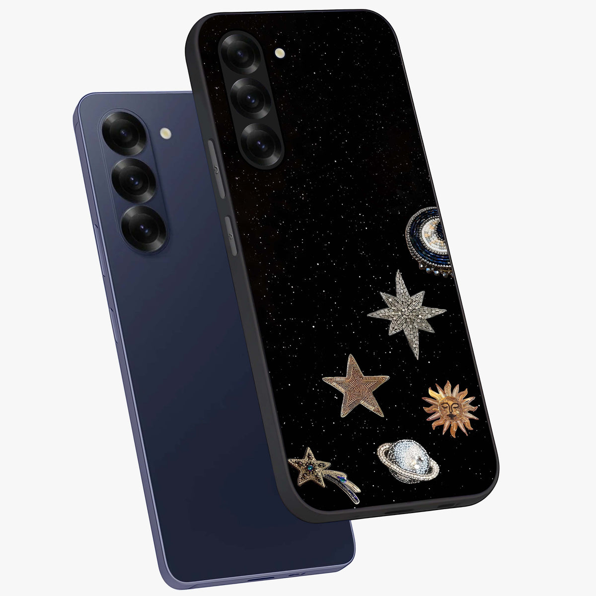 Galactic Charm Glow Glass Case displayed in angled mockup highlighting luminous galaxy inspired design with dreamy aesthetic.