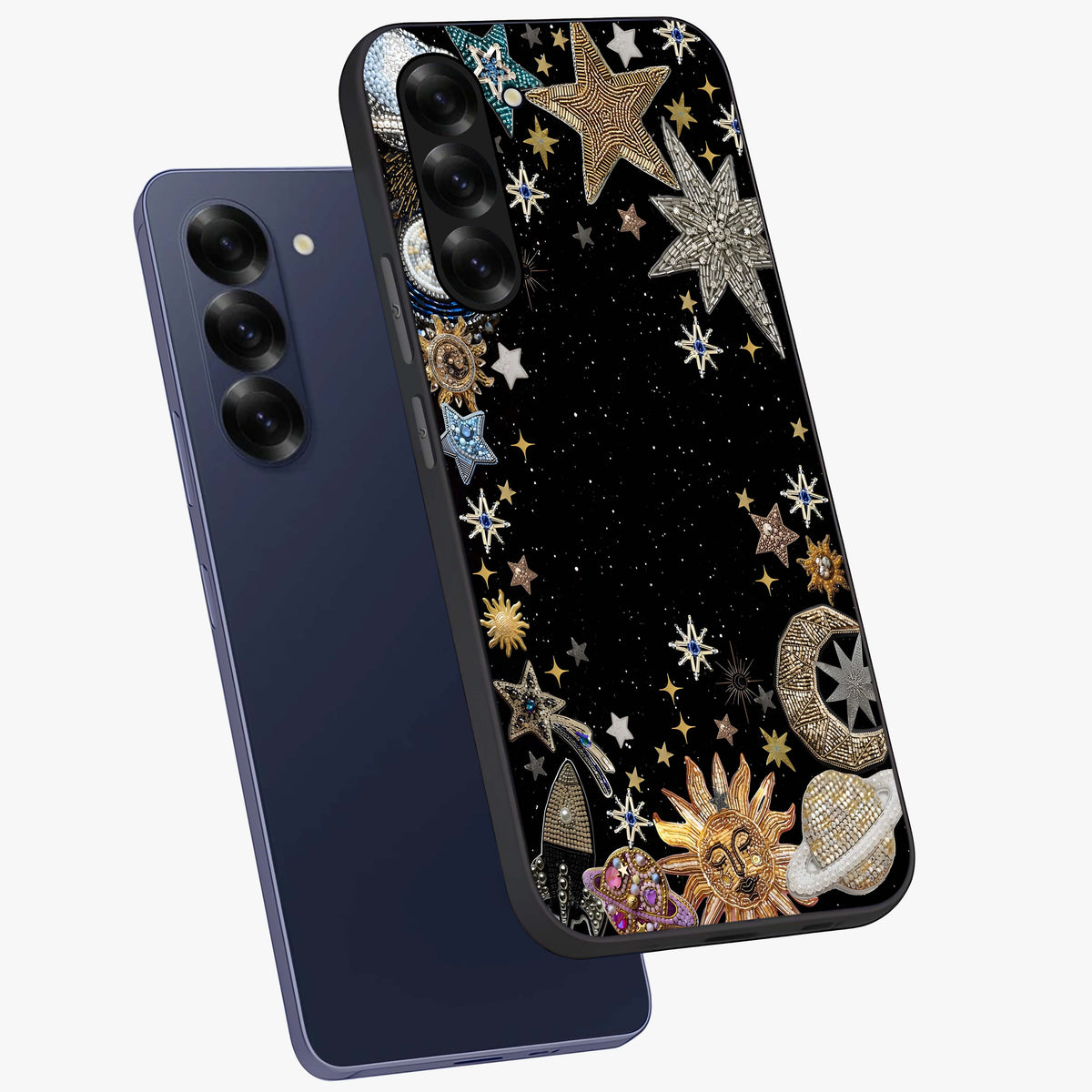 Galactic Jewel Stars Glass Case displayed in angled mockup highlighting shining celestial star design with cosmic aesthetic style.