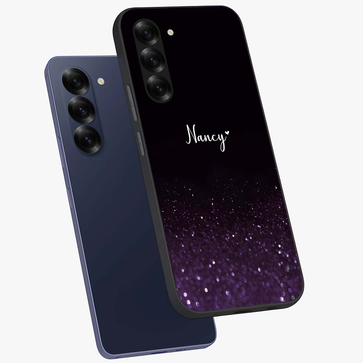 Glittery Purple Bokeh Custom Name Glass Case displayed in angled mockup highlighting glitter bokeh pattern with custom name feature.