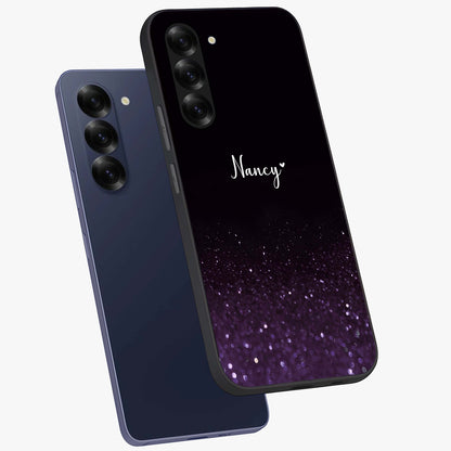 Glittery Purple Bokeh Custom Name Glass Case displayed in angled mockup highlighting glitter bokeh pattern with custom name feature.