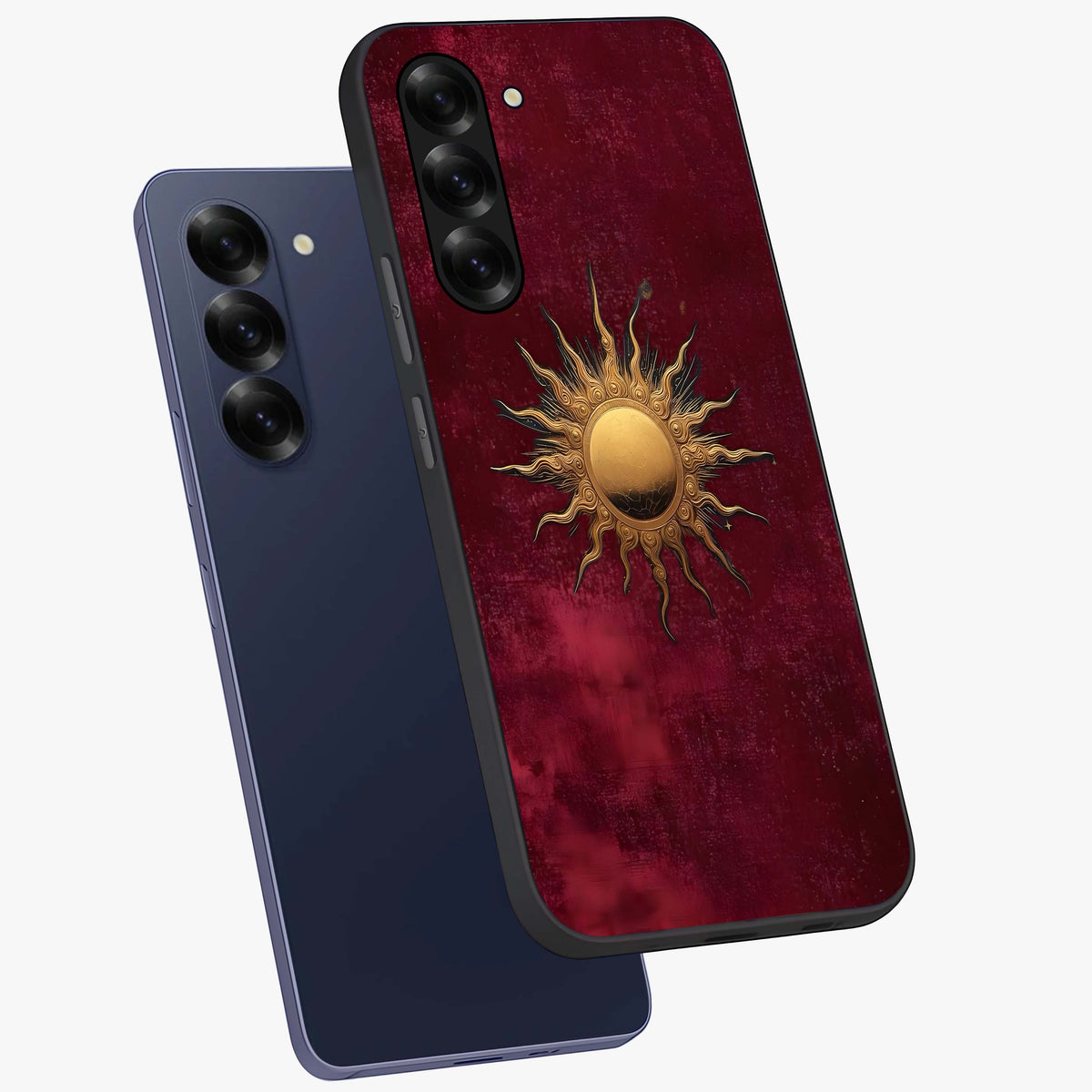 Golden Sun Minimalism Glass Case displayed in angled mockup highlighting clean sun symbol design with modern minimal aesthetic.